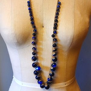 Cobalt Blue Filigree Beads on Gold Chain Necklace
